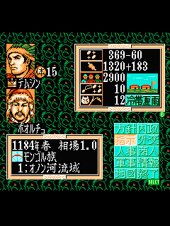 ファミコン「蒼き狼と白き牝鹿 元朝秘史」のゲーム画面
