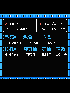 ファミコン「株式道場 実践編」のゲーム画面